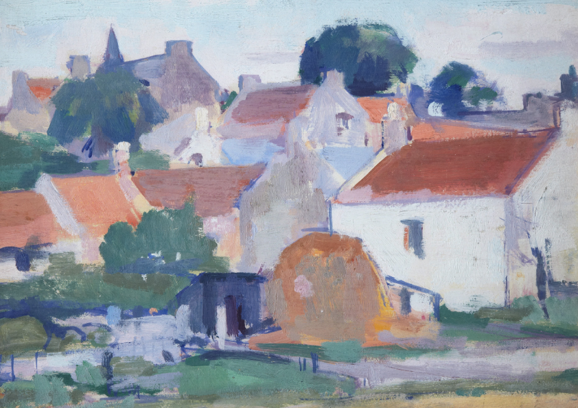 Oil painting depicting the historic and picturesque village of Ceres, Fife. A cluster of buildings with terracotta roofs is shown interspersed with trees.